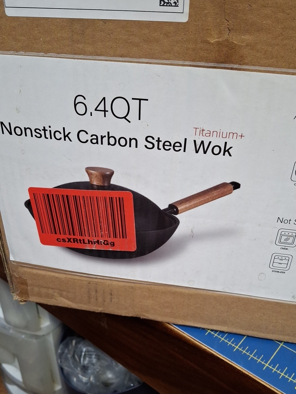 carote 6.4QT Titanium Nonstick Carbon Steel Wok - Black with Wood Handle New Box